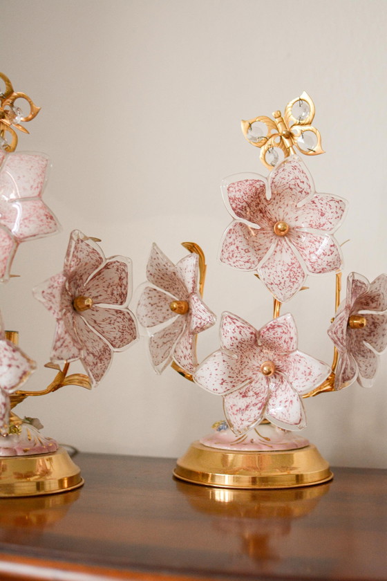 A Pair of Vintage Pink Murano Glass Flower Table Lamps, Italy, 1970s – Gold, Italian Design (photo 6 of 10)