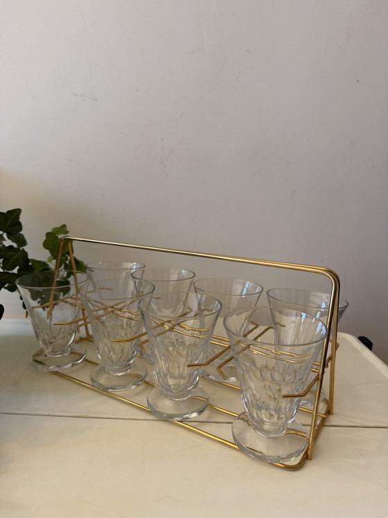 Image 1 of Set of 8 glasses in brass holder, 1950s