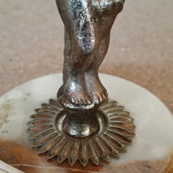 Image 1 of Vintage Tribal Figurine Table Lamp with Hand-Stitched Rawhide Shade and Onyx Base