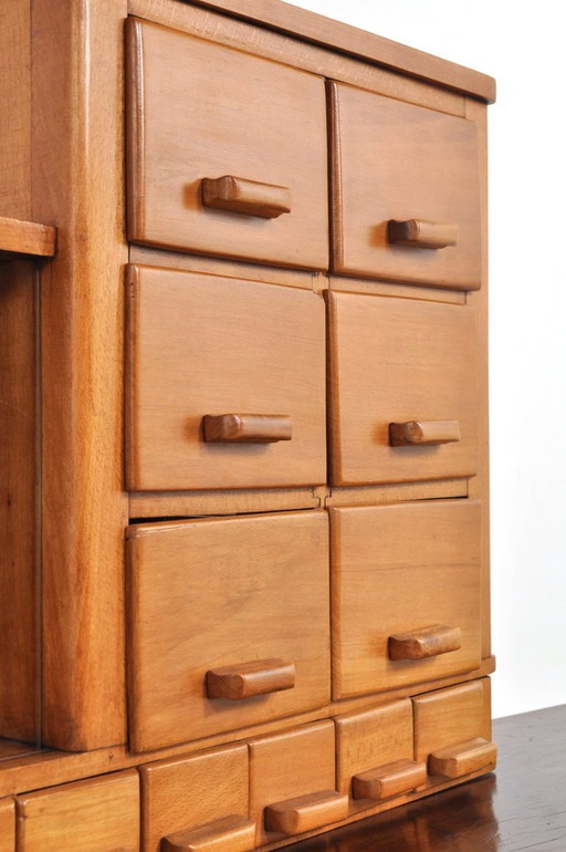 Vintage beechwood wall cabinet with display case, 1930s