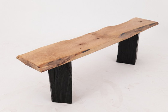 Image 1 of Live Edge Solid Wood Bench with Charred Legs, Organic Modern by Logniture