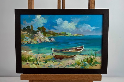 Original Oil Painting Coastal Rock Landscape Boat on the seashore