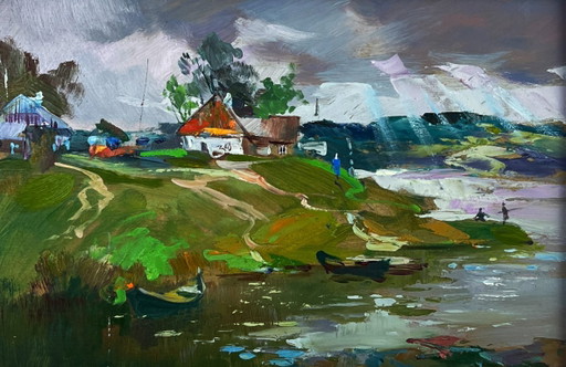 Origineel olieverfschilderij: Landelijk landschap, natuur, een rivier nabij het dorp.
