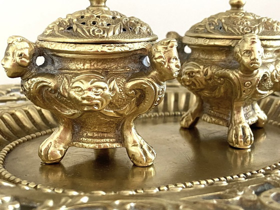 Image 1 of Double Encriers sur Plateau Bronze Doré Ciselé Style Louis XV Epoque Napoléon III