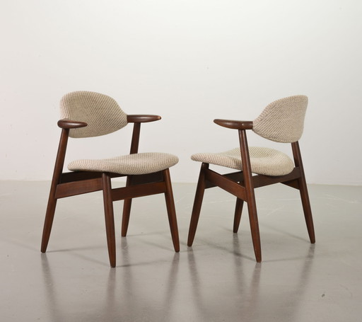 Vintage Design Authentic Cowhorn Tijsseling Dining Chairs with Greyish-White Wool Fabric by Hulmefa, Set of 2