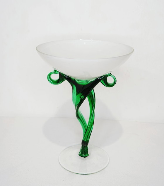 Image 1 of Ciotola vintage in vetro artistico "Jellyfish" di Jozefina Krosno – Stelo a forma di polpo verde e bianco