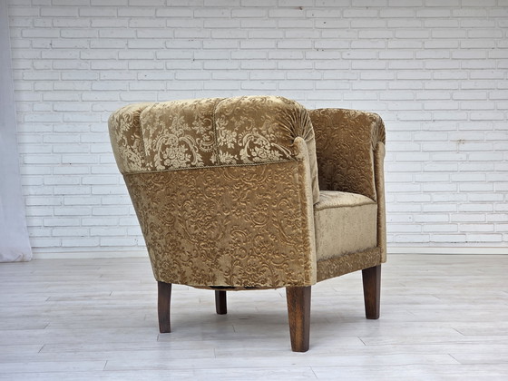 Image 1 of 1960s Danish Vintage Armchair, Green Furniture Velour, Ash Wood Legs