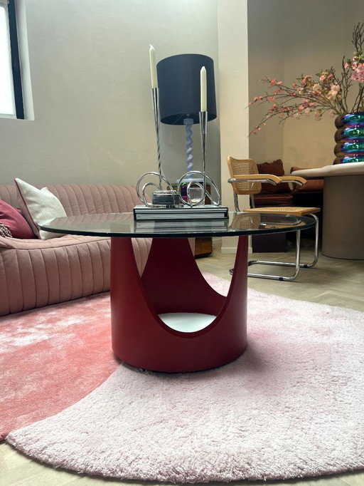 Table basse vintage en verre sur roulettes