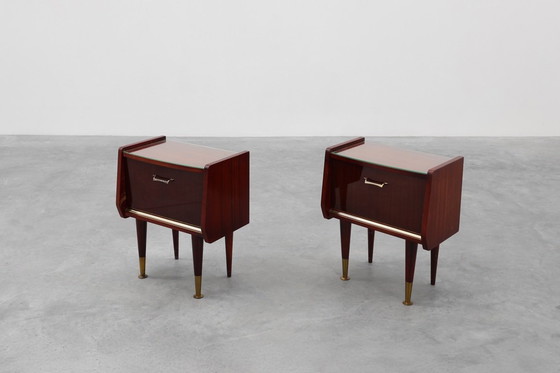 Image 1 of Paar vintage nachtkastjes in houtfineer, België 1950