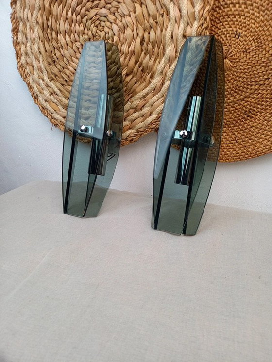 Image 1 of Paar VECA Italiaanse wandlampen voor Fontana Arte - verchroomd staal en kristalglas - jaren '60