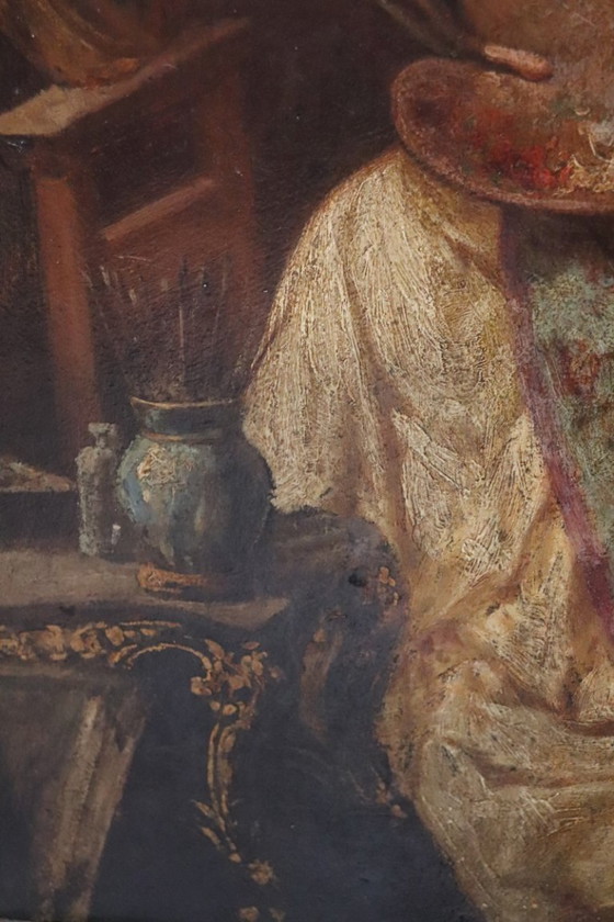 Image 1 of Olieverfschilderij op karton, Jonge schilderes met kardinaal, Italië, 19e eeuw