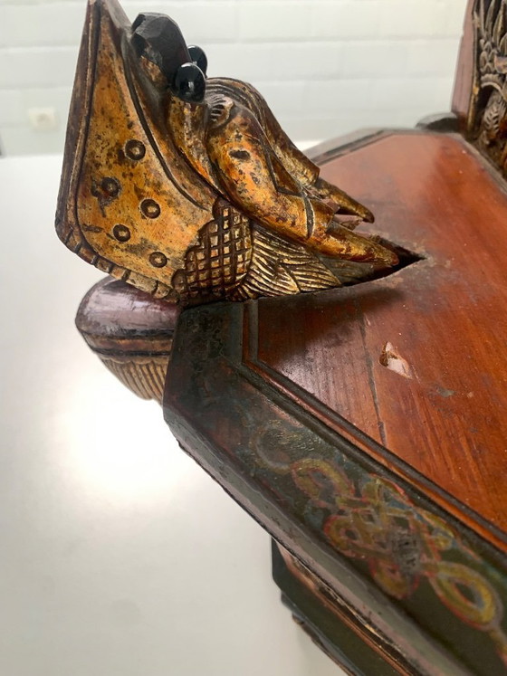 Image 1 of Antique 19th-C. Chinese Carved Wood Tea Caddy – Phoenix & Dragon Motifs 