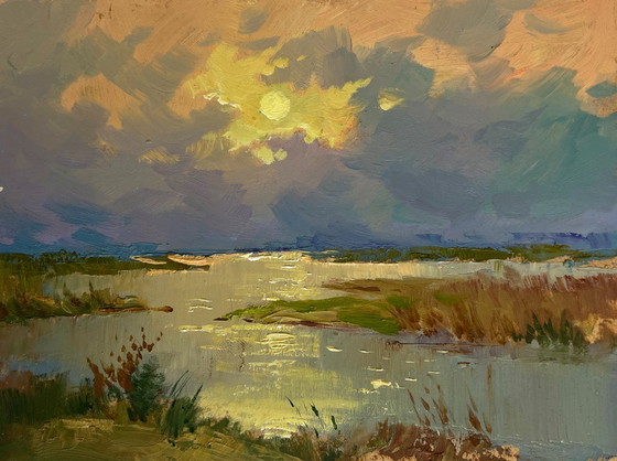 Image 1 of Original Oil Painting Sunset Lake Landscape The sun says goodbye to the horizon