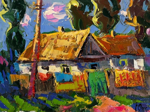 Peinture à l'huile originale représentant un paysage champêtre, une cour de maison et un week-end paisible au village.