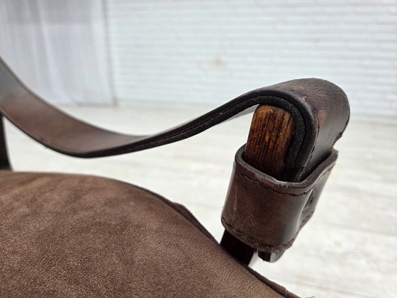 Image 1 of 1970s, Scandinavian lounge chair, nubuck leather, canvas, beech wood.