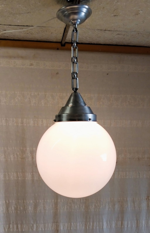 XXL opal glass globe industrial pendant light - 1940s/50s
