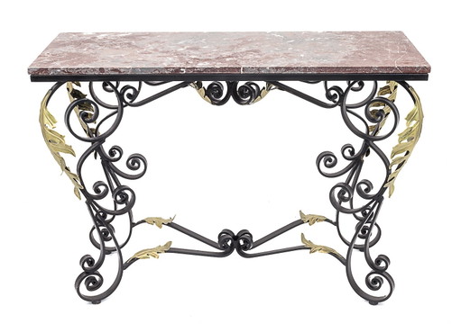 Console En Fer Forgé Avec Feuilles D'Acanthes Dorées, 1950