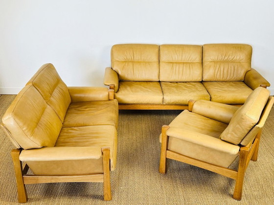 Image 1 of Ensemble de salon complet en cuir naturel et chêne, 1960, Set de 3