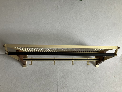 Vintage brass and wood wall coat rack mid - Century modern