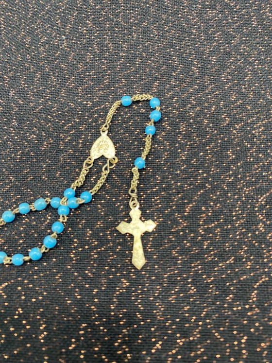 Rosario – Granelli turchesi – Medaglia a forma di cuore e crocifisso dorati – Oggetti decorativi (photo 3 of 3)