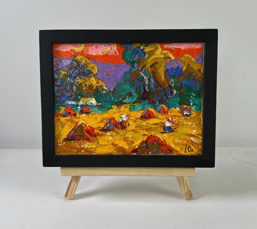 Original Oil Painting Autumn Evening Landscape Noon on the field
