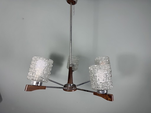 Vintage Mid-Century Kroonluchter Teak Met Glazen Kapjes