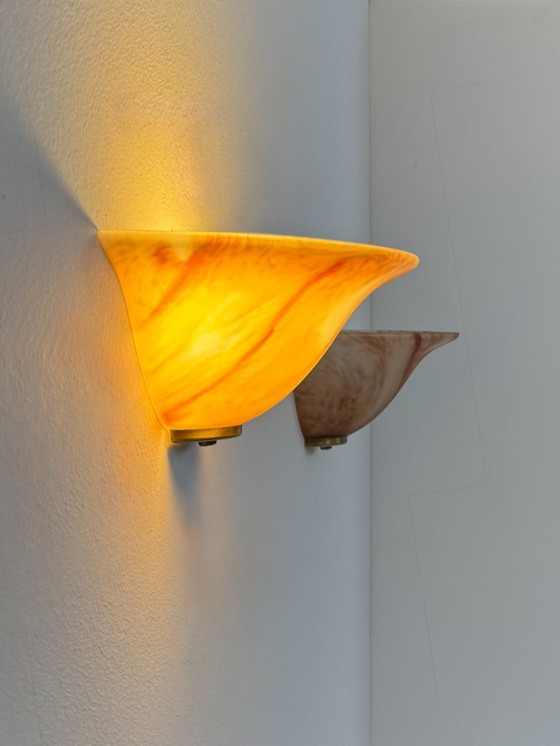 Image 1 of Coppia di applique vintage, vetro e ottone, Francia, 1970