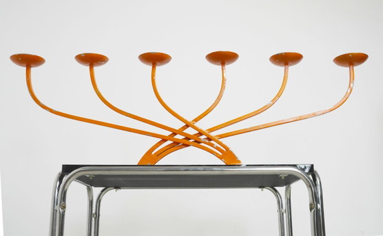 Image 1 of  1970s Orange Candelabra Large Metal Sculptural Mid Century Retro Candle Holder Space Age Statement Centrepiece 
