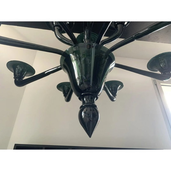 Image 1 of Lampadario in vetro verde bottiglia traslucido, stile Murano contemporaneo