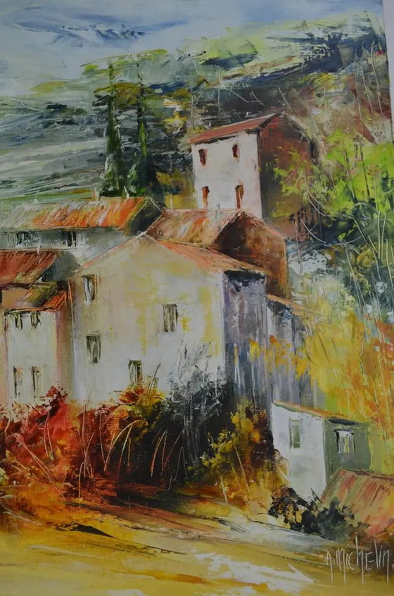 Ölgemälde von Agnes Michelin im impressionistischen Stil, spätes 20. Jahrhundert, "Dorf in Burgund, bei (photo 9 of 11)