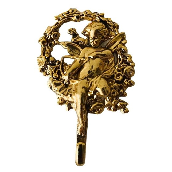 Image 1 of Vintage set of mid-century Italian hooks, baroque brass angel door hanger, 1960s
