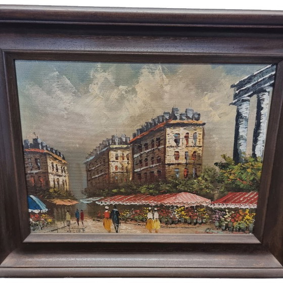 Image 1 of Peinture à l'huile vintage avec le marché aux fleurs de Paris Frederic, 20ème siècle