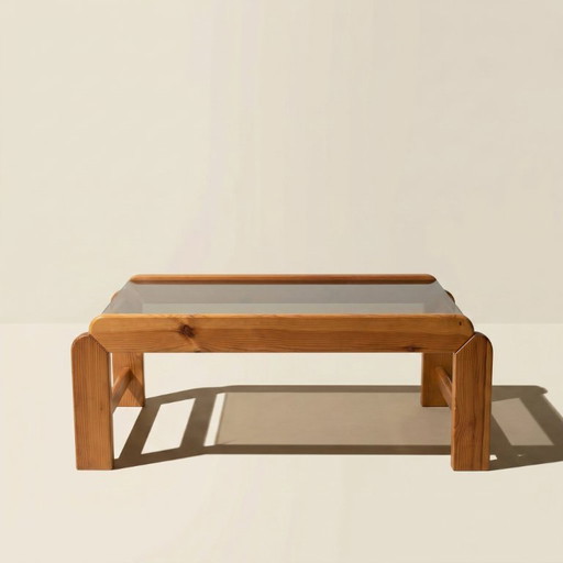 Couchtisch aus Kiefernholz mit Rauchglasplatte, 1970/80
