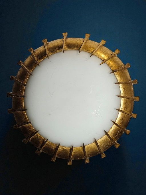 French Sunburst Wall Lamp 1940s Gilded Opaline Brutalist Design / French Sunburst Wall Lamp 1940s Gilded Opaline