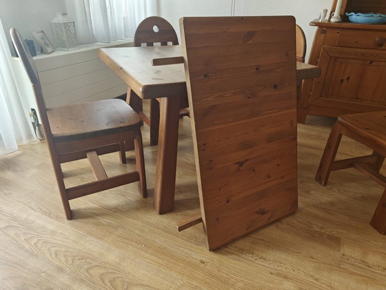 Image 1 of Table and 4 chairs Scandinavian 70s solid pine brutalism/rustic modern