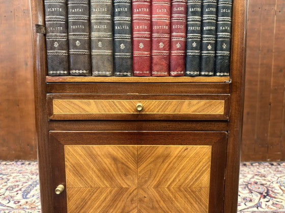 Set of Classic English Nightstands with Books and Marquetry, Leather, Wood, Brown (photo 7 of 14)