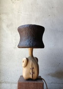 Designer lamp/sculpture in solid oak and papier-mâché