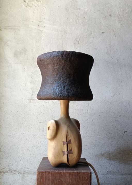 Designer lamp/sculpture in solid oak and papier-mâché