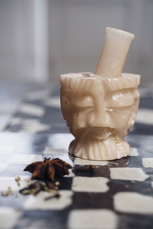 Antique Carved Alabaster Oriental Mortar and Pestle Grinder, Vintage Decorative Stone Piece