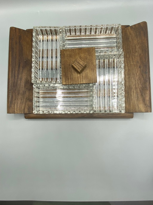 Art Deco Pressed Glass and Wood Hors d'oeuvre Set - 5 Small Dishes – glazen karaffen