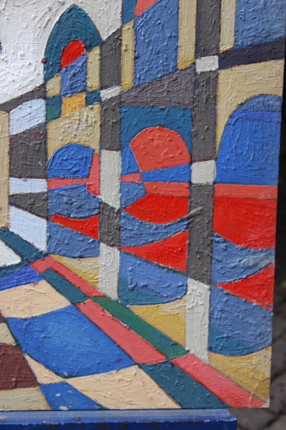 Image 1 of Jean Besnard (1922-2007) Olio su cartone Astrazione geometrica Op Art 1983