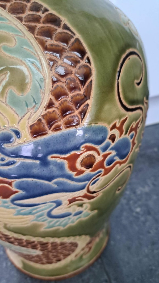 Image 1 of Grote Vintage Vietnamese Biên Hoa Keramische Vaas met Hemelse Draak - 53 cm