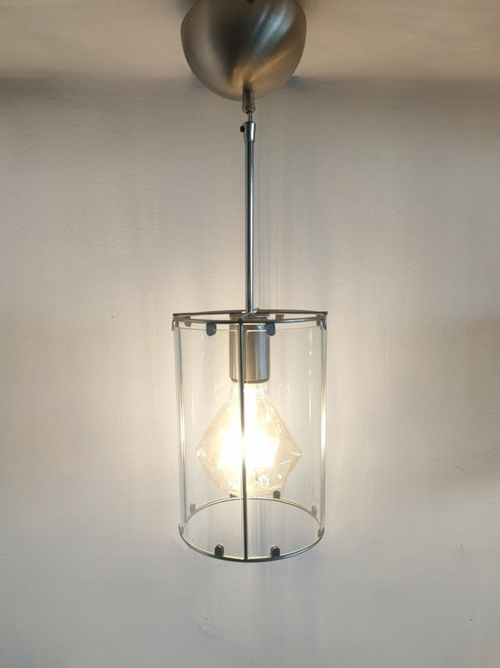 Set of 2 cylindrical Metal/glass Pendant Lights (with glass 'windows')., Ceiling lights, White (photo 3 of 10)