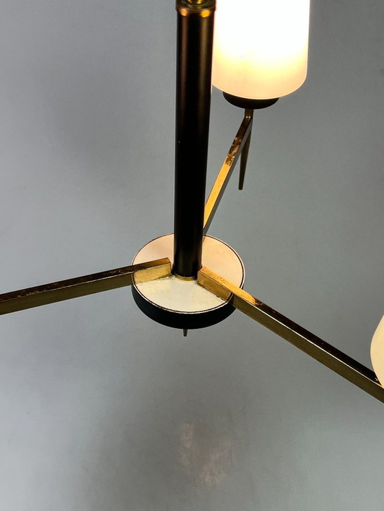 Image 1 of Lampadario/lampada a sospensione vintage, ottone con vetro lattimo, Belgio anni '70