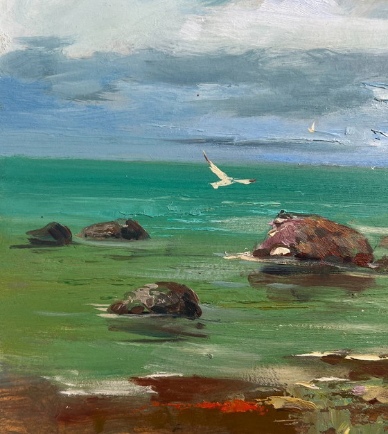Image 1 of Pintura al óleo original: Paisaje costero marino delimitado por la corriente.