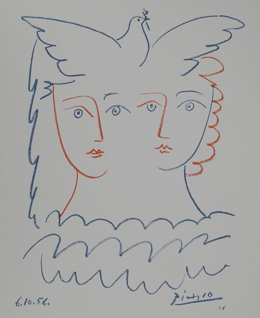 Pablo Picasso: Couple with Dove, Signed Lithograph – lithos zeefdrukken, Paper