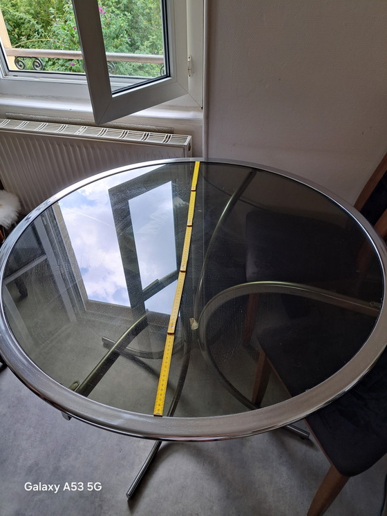 Image 1 of Round Table with Legs and Frame, 110cm Diameter Top, 100cm Diameter Glass Top, Smoked Glass Top, Chrome Finish, Smoked Glass