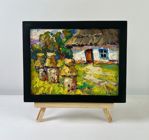 Original Oil Painting Colorful Village Landscape Quiet summer morning