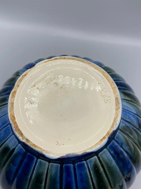 Sarreguemines Slipware Planter – Polychrome Red and Blue Glazes – Crockery, Ceramic, Art Nouveau (photo 7 of 11)