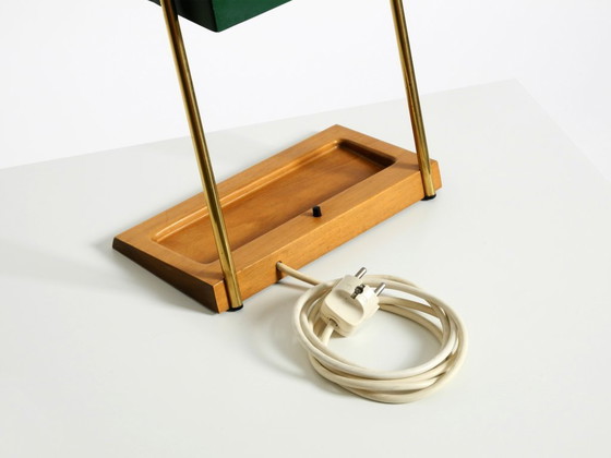 Image 1 of Original large 1960s Temde table lamp with a brass frame, teak base, and green lampshade